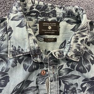 Blue Floral Slim Fit Linen Button-Up Shirt